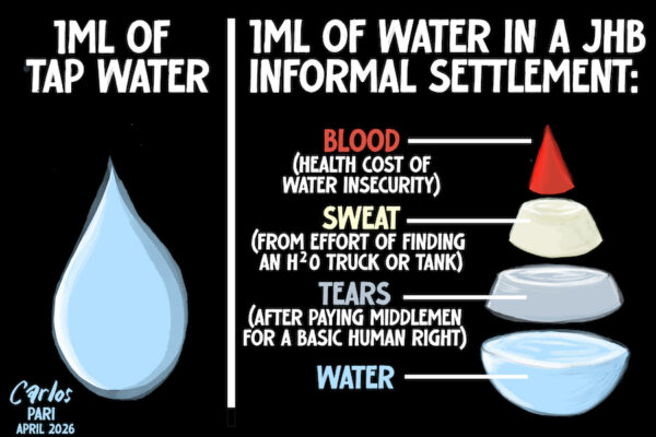 Drawing on residents’ accounts and sustained on-site observation, 'Surviving on Four Buckets' analyses how a nominally temporary service arrangement becomes institutionalised as a long-term modality of urban water provision. The six-part documentary series examines chronic water insecurity in Mountain City and Phumla Mqashi, two informal settlements in the City of Johannesburg.