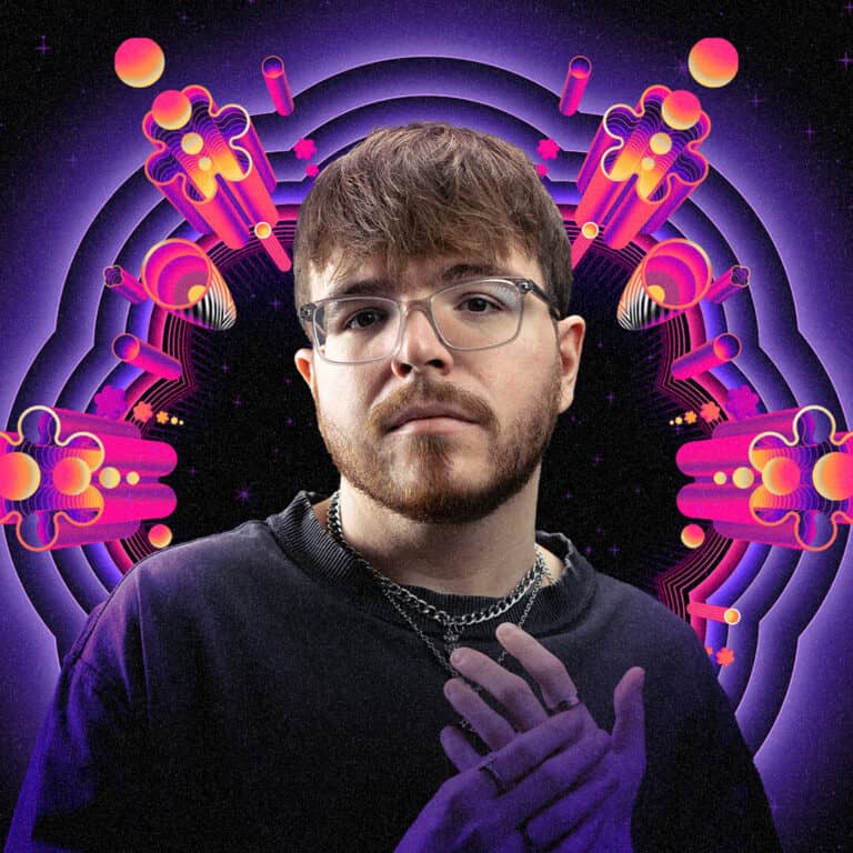 Aiden with vibrant digital art background on Partybody.
