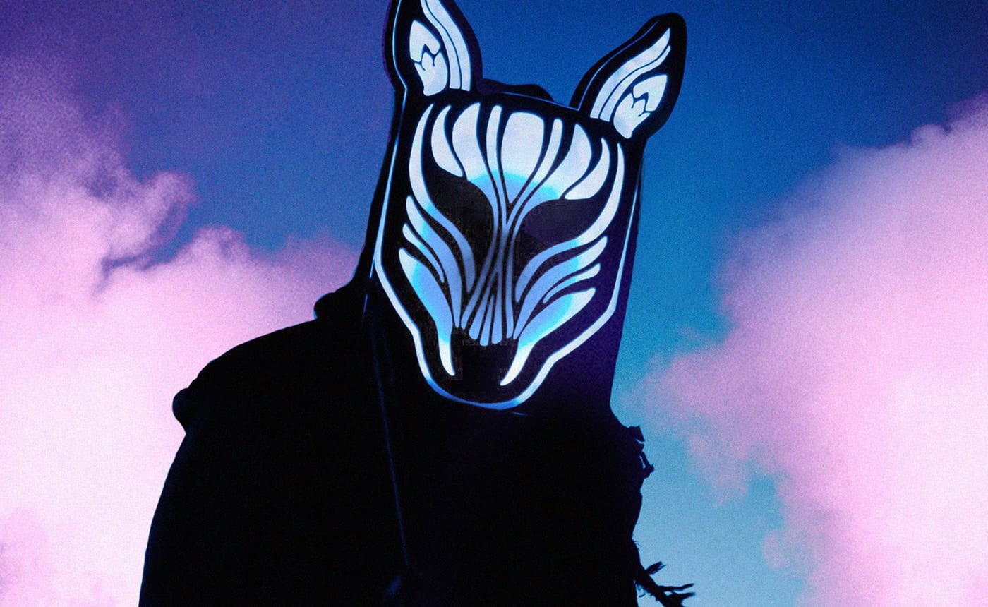 Mystical wolf mask with glowing blue accents on Partybody.
