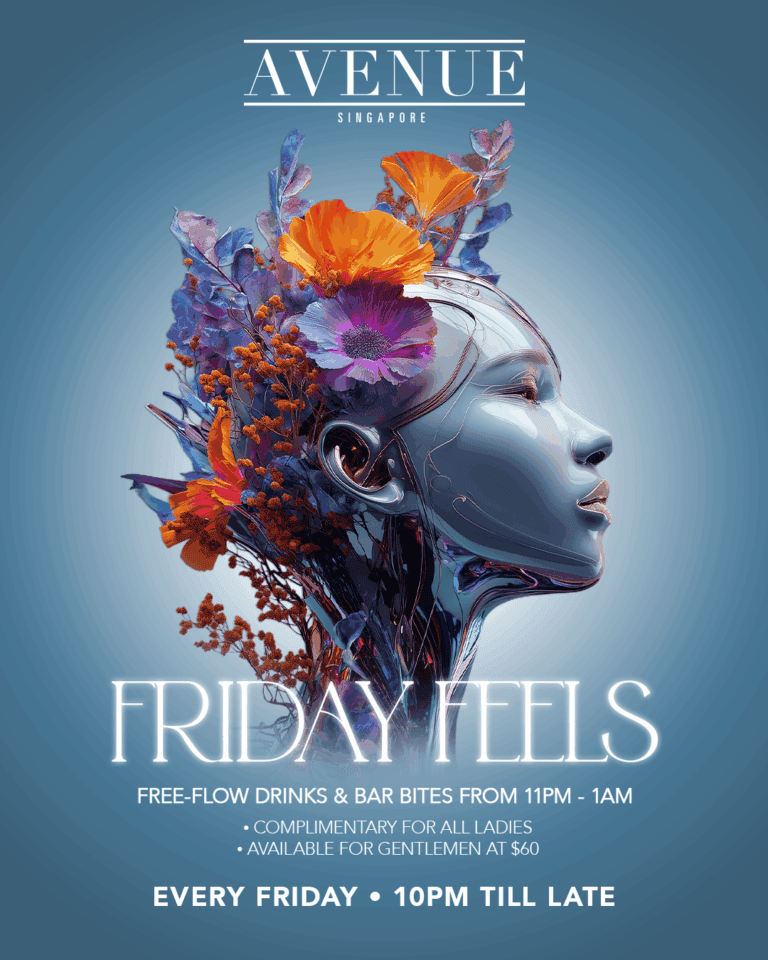 A woman with floral and digital elements in her hair, promoting Friday night drinks and bar bites.