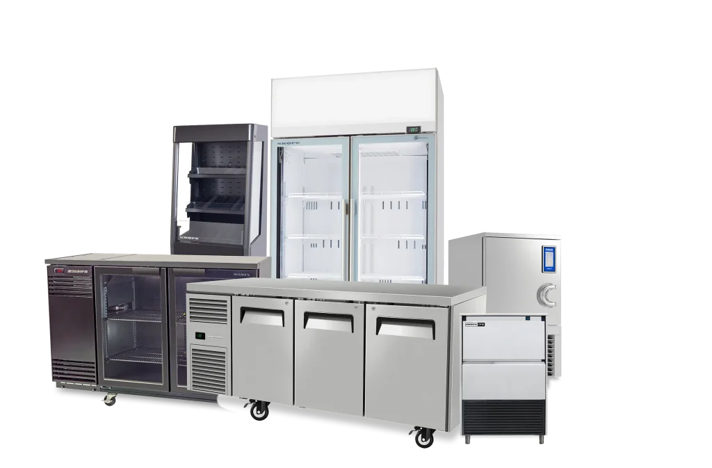 Collection of various stainless steel commercial kitchen refrigeration units and ice maker.