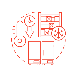Red line art icon of a cold storage and refrigeration system.