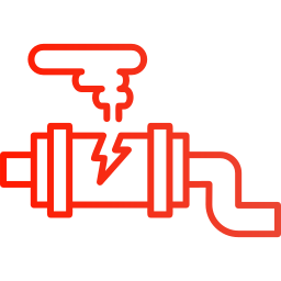 Red icon of a broken pipe leaking steam or smoke