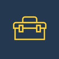 Yellow outline icon of a toolbox on a dark blue background.
