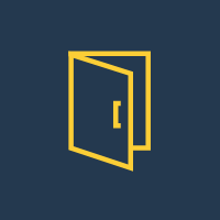 Yellow outline icon of an open door on a dark blue background.