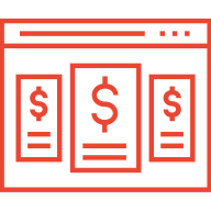 Red line icon of a web page displaying three money symbols