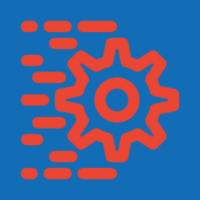 Red gear icon with speed lines on a blue background