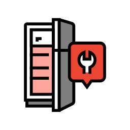 An icon of a refrigerator with an open door and a red speech bubble with a wrench.