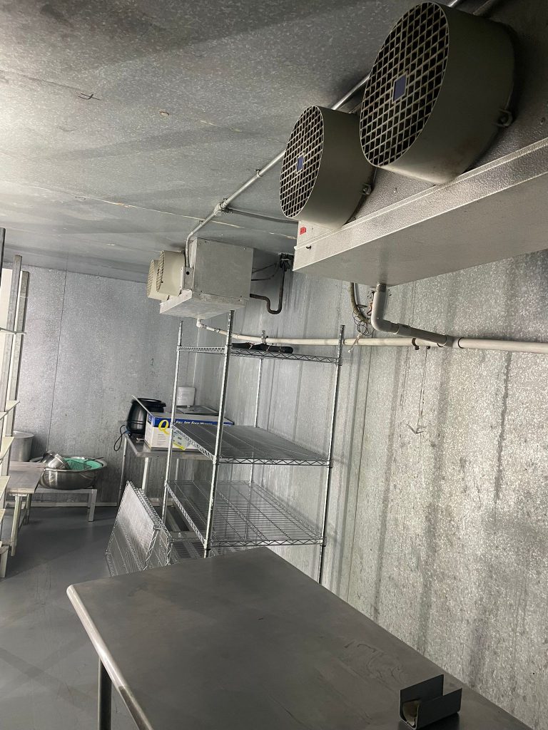 Industrial walk-in freezer with metal shelves, fans, and stainless steel tables.