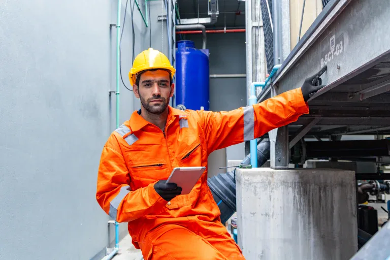 Man in orange uniform and yellow hard hat holding a tablet
