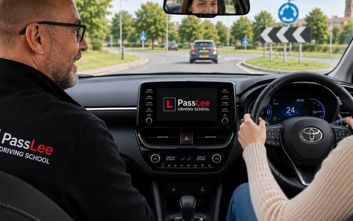 Lee and a learner sharing a relaxed moment during an automatic driving lesson in Worcester