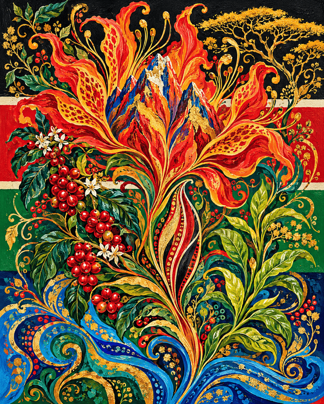 Mount Kenya in Bloom: the snow peak of Mount Kenya redrawn as a radiant flowering summit in the flag’s black, red, green and white