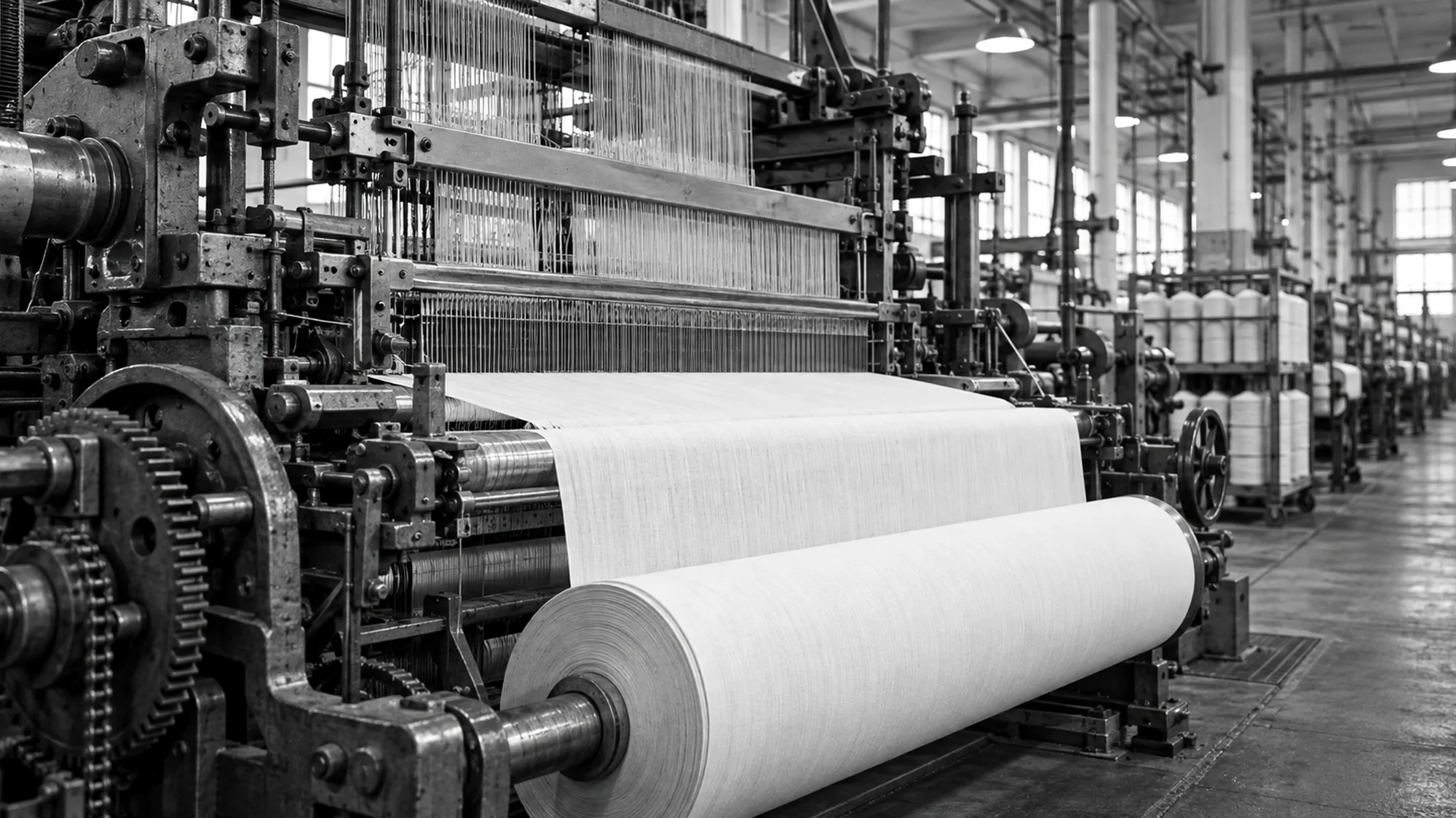 Black-and-white illustrative image of an industrial textile weaving machine
