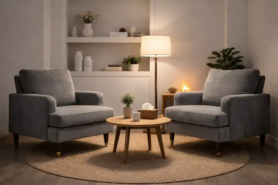 Relaxing therapy lounge with comfortable seating and calming lighting for patient comfort.