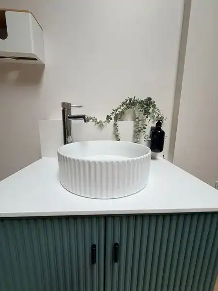 Contemporary bathroom sink with decorative plant and black soap dispenser for a stylish look.