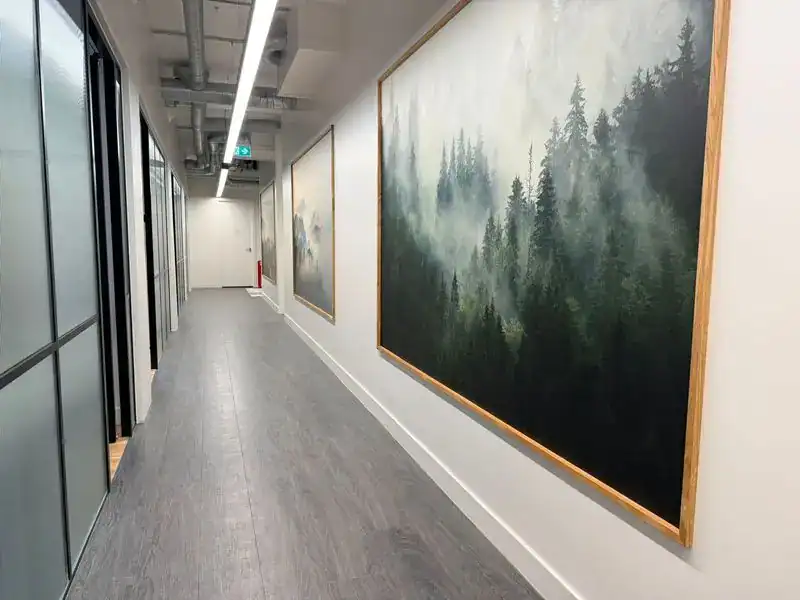 Modern clinic corridor with calming nature-themed paintings at Physio-medicine London.