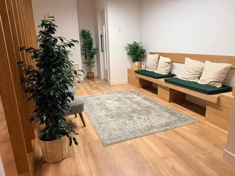 Modern physiotherapy clinic waiting area in London with comfortable seating and indoor plants.