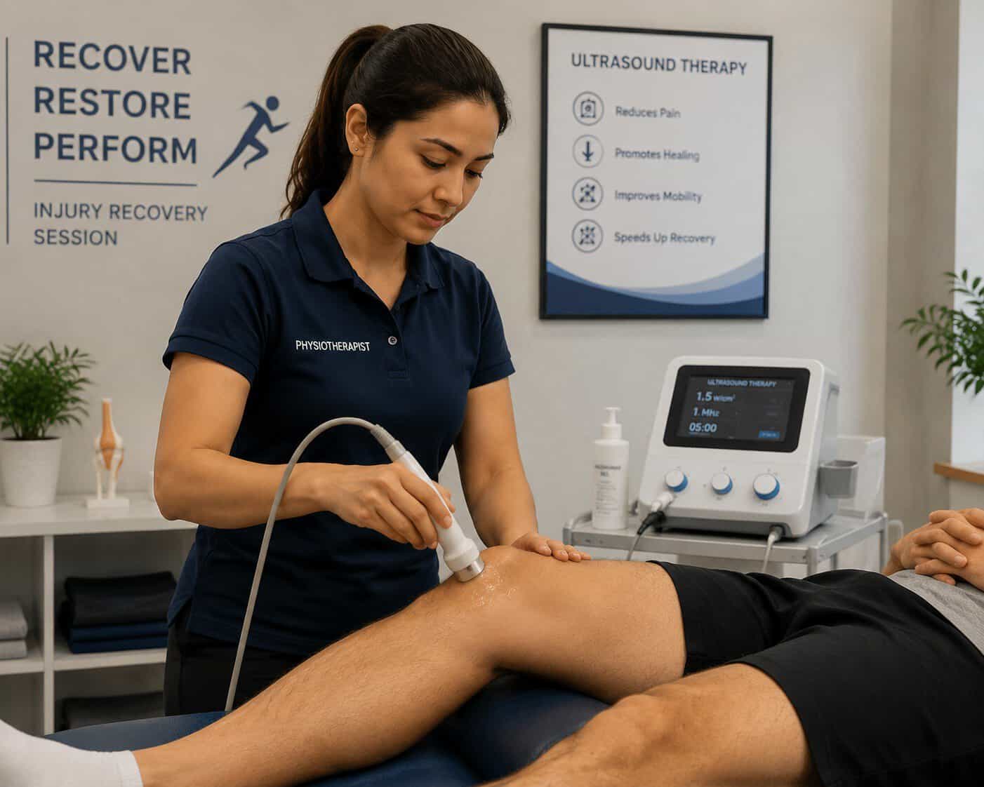 Ultrasound therapy for pain relief and tissue healing in London physiotherapy clinics.