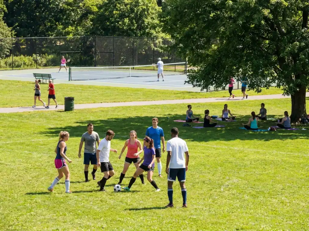 Football game in a park with players enjoying outdoor exercise.