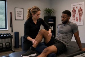 Knee Rehabilitation Therapy Physiotherapist assisting patient with knee injury treatment in London.