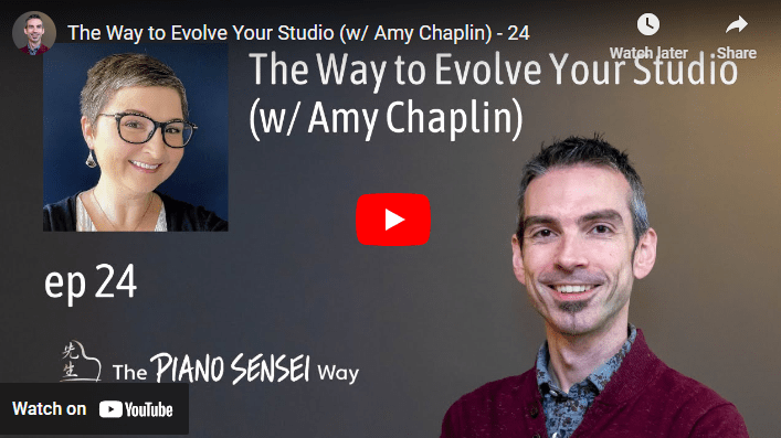 Podcast thumbnail with text and a headshot of Amy and the Piano sensei