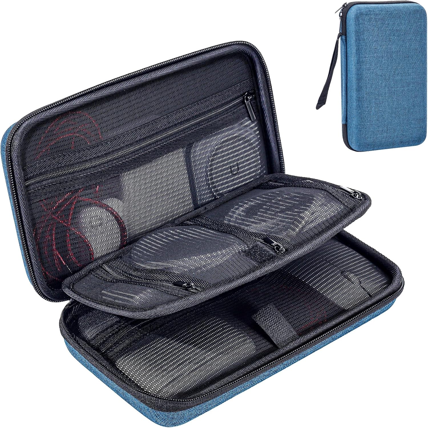 Inside the travel case with mesh pockets holding cables and such