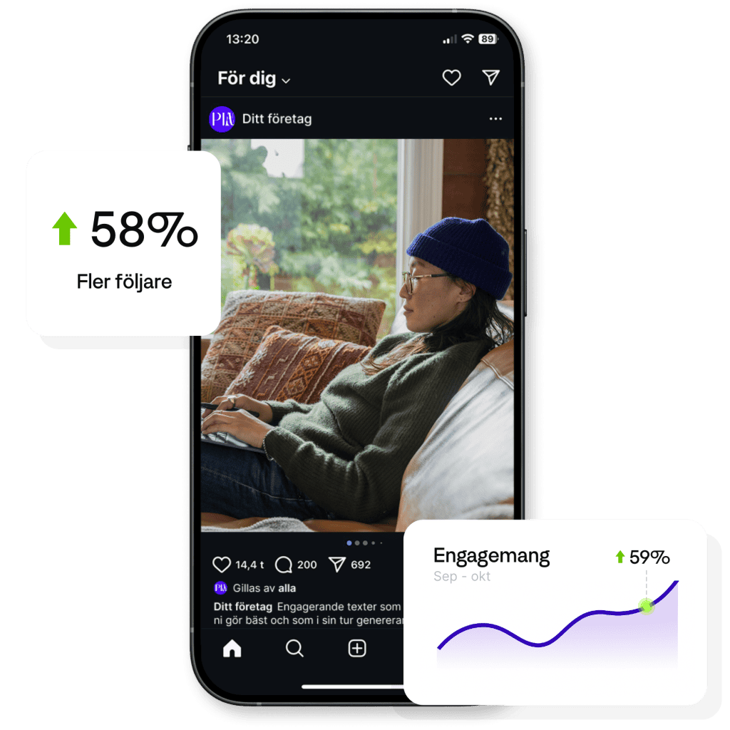 En kvinna som sitter med sin dator och som ökar engagemanget och får fler följare tack vare hennes optimering på sociala medier