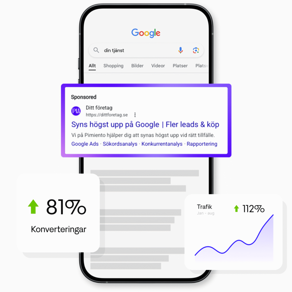 En illustration av att synas högst upp i det organiska sökresultatet på Google med hjälp av Pimientos SEO tjänster och vad det ger för resultat