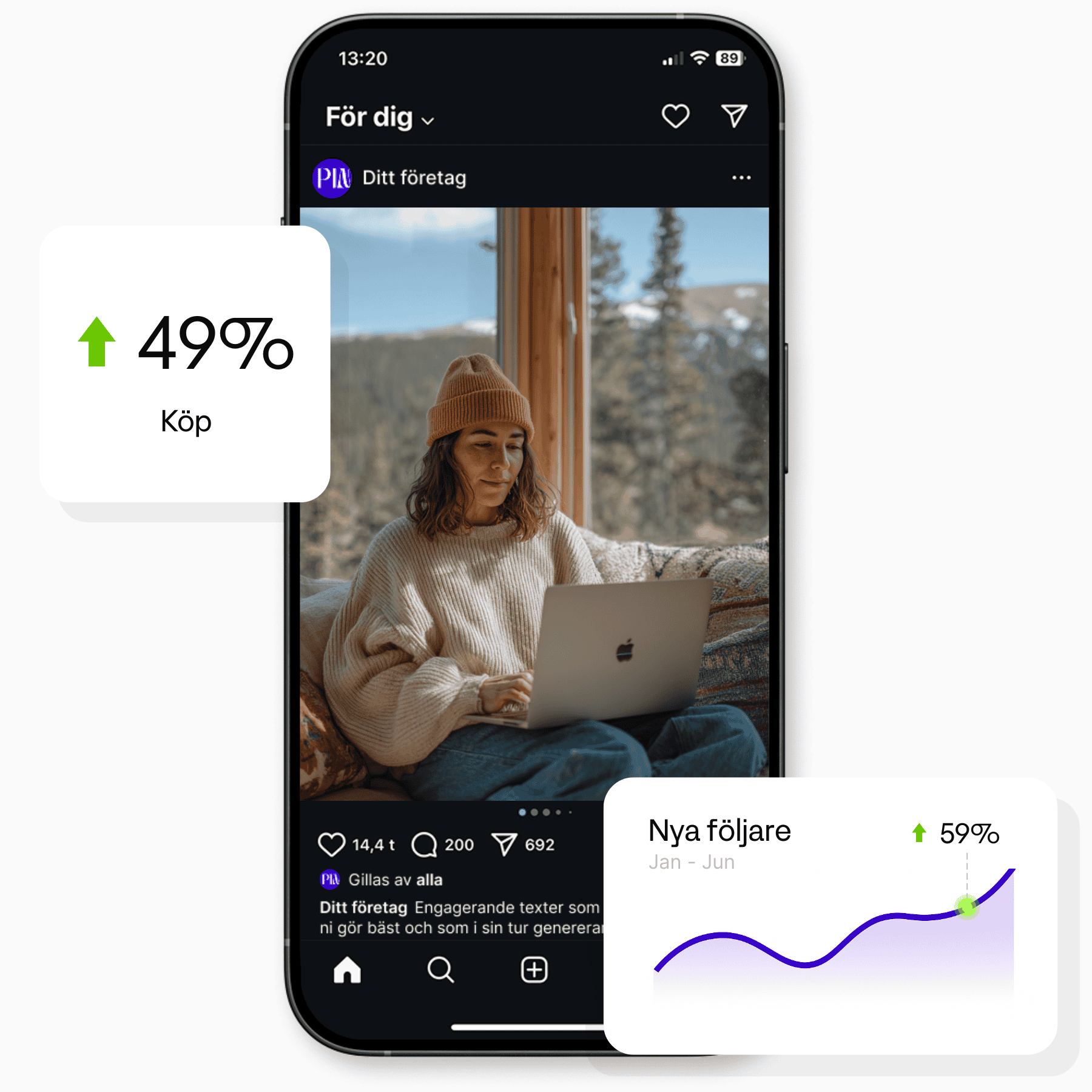 En kvinna som sitter med sin dator och som ökar engagemanget och får fler följare tack vare hennes optimering på sociala medier