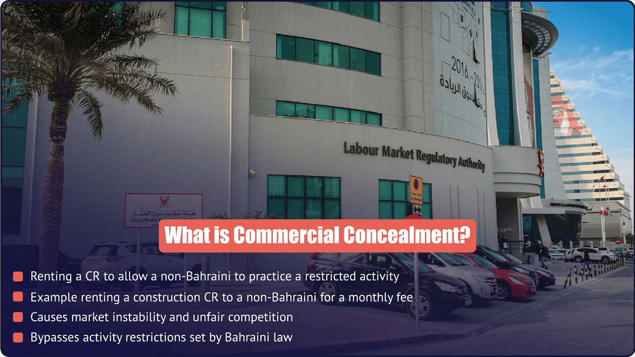 Understanding Commercial Concealment in Bahrain 1 What is commercial concealment in Bahrain - renting a CR to allow a non-Bahraini to practice a restricted activity bypasses LMRA regulations