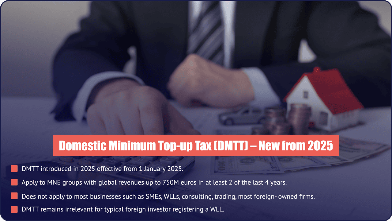 Bahrain Domestic Minimum Top-up Tax (DMTT) from 2025 - who it applies to and who it does not by PI Startup Advisory Bahrain Domestic Minimum Top-up Tax 2025 - applies to MNE groups with global revenues above 750 million euros, does not affect most WLLs or SMEs