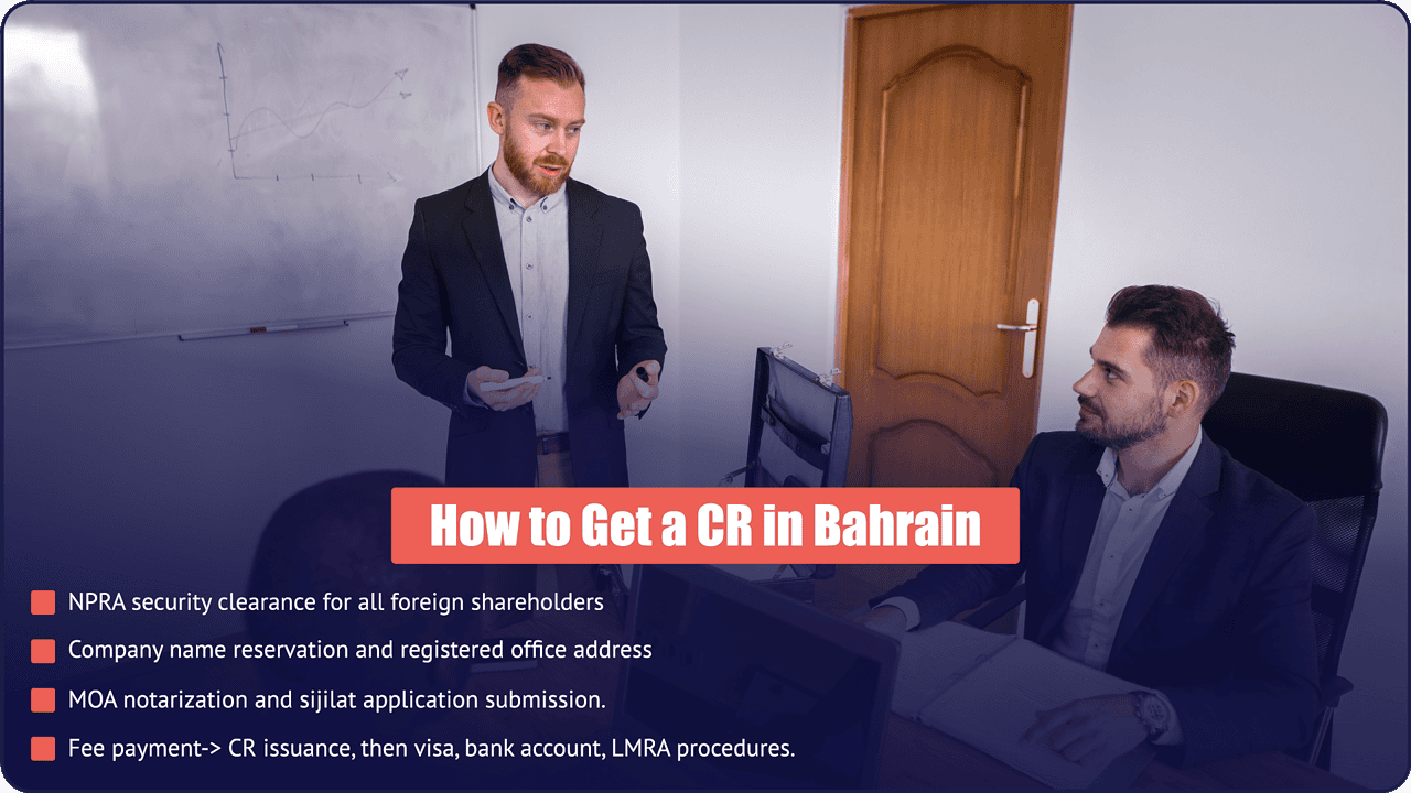 How to get a CR in Bahrain - step-by-step process explained by PI Startup Advisory How to get a CR in Bahrain - NPRA security clearance, name reservation, MOA notarisation, Sijilat submission, and fee payment to CR issuance