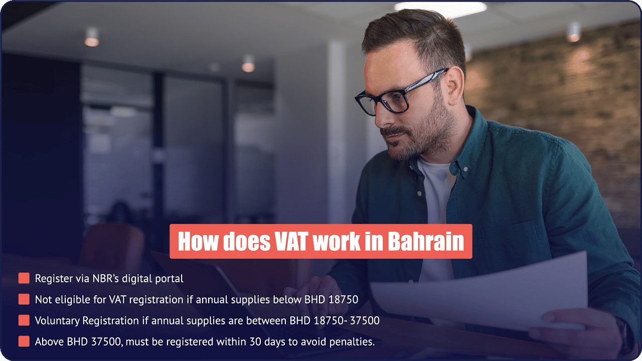 How VAT works in Bahrain - NBR registration thresholds and process explained by PI Startup Advisory How VAT works in Bahrain - register via NBR portal, mandatory above BHD 37,500 annual supplies, voluntary between BHD 18,750 and BHD 37,500