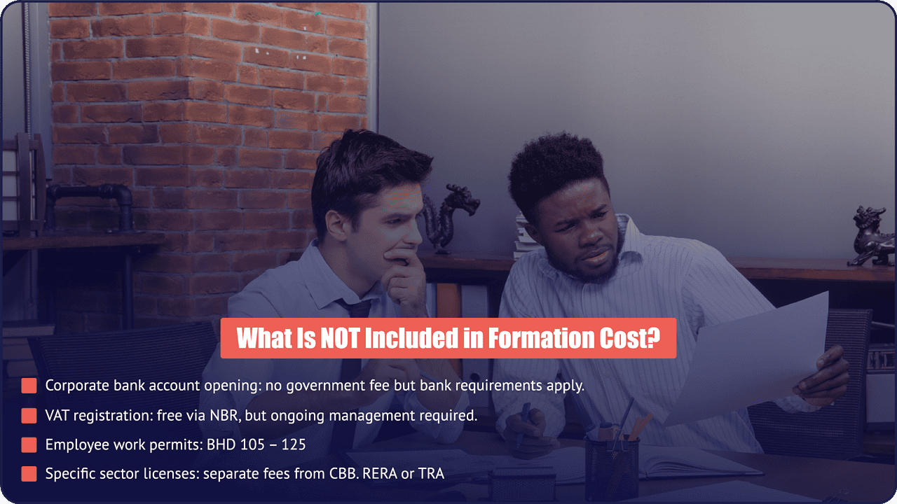 What Is Not Included in Bahrain Company Formation Cost? | PI Startup Advisory PI Startup Advisory consultants reviewing Bahrain company formation costs and extra expenses not included in standard setup packages.