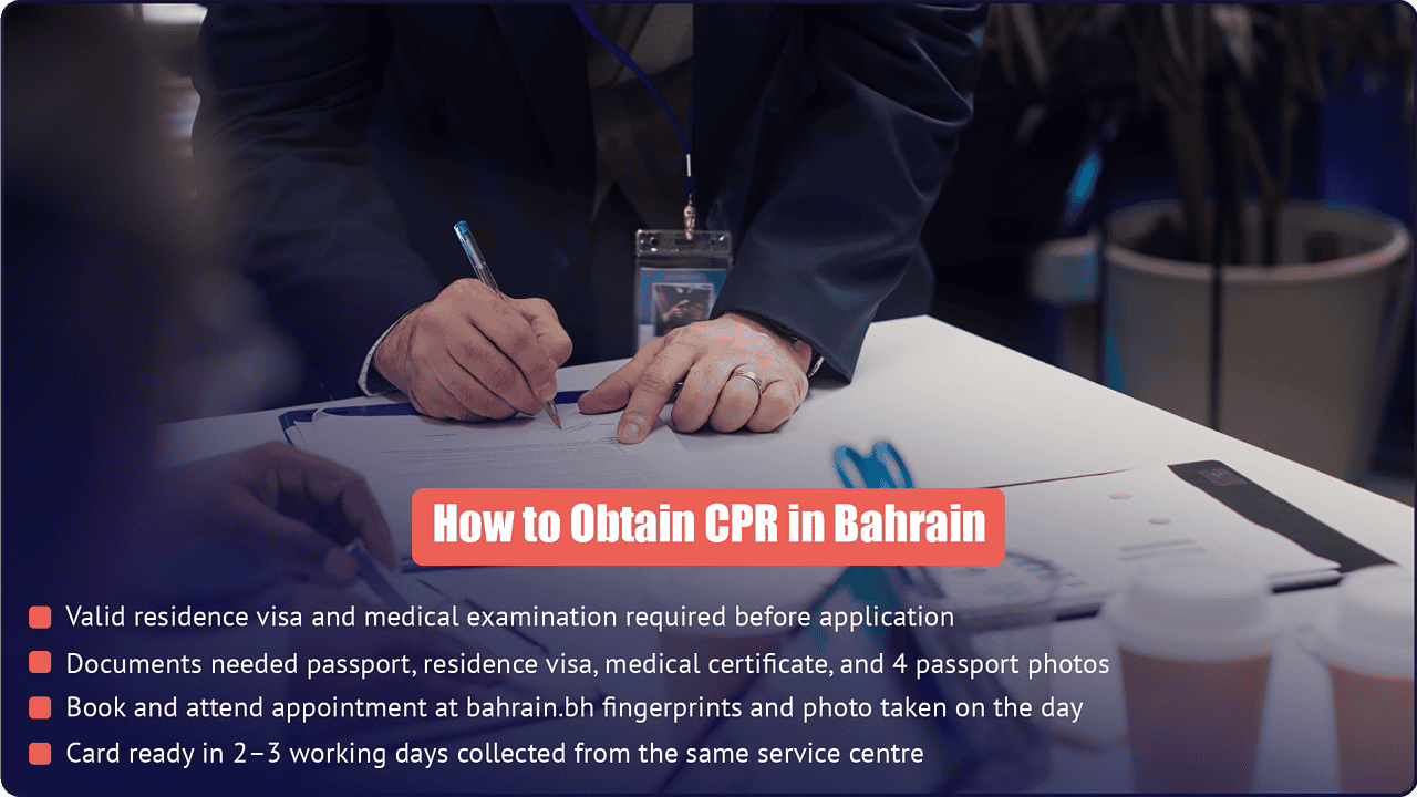 What is CPR Bahrain? Complete Guide to Your National ID 1 How to obtain CPR in Bahrain - residence visa, medical certificate, passport photos, bahrain.bh appointment, card ready in 2–3 working days