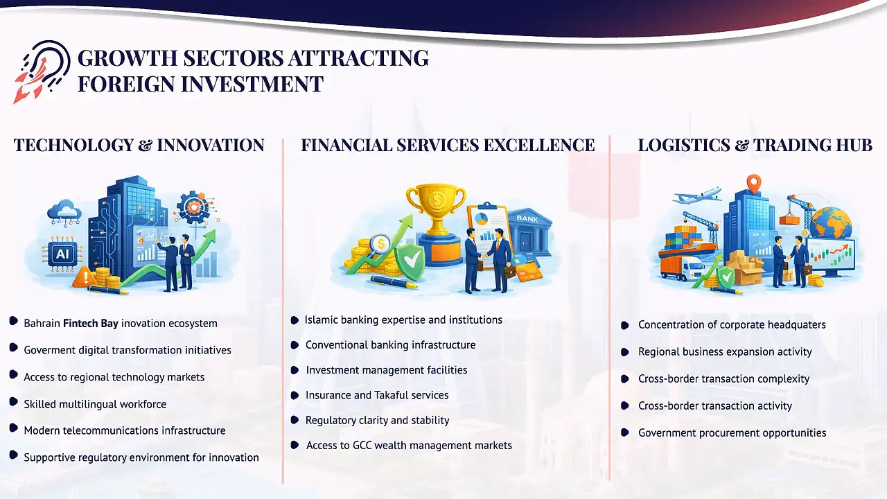 Infographic showing key growth sectors attracting foreign investment in Bahrain including technology and innovation, financial services, logistics and trading, and professional services