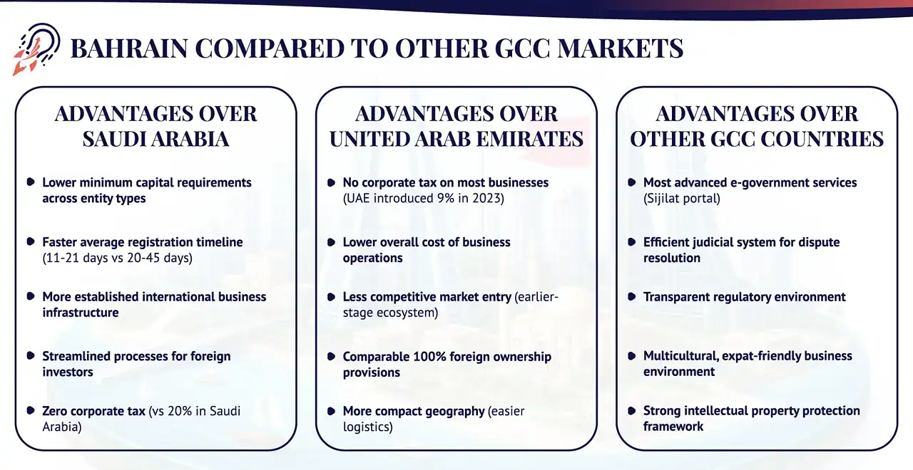 Investor profiles that benefit most from choosing Bahrain for business, including international entrepreneurs, financial services firms, trade and logistics companies, technology startups, and regional expansion seekers