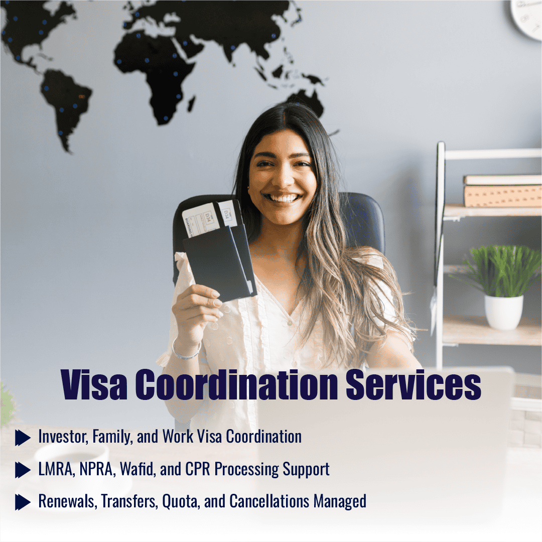 PI Startup Advisory Bahrain visa coordination — investor, family, and work visas with LMRA, NPRA, Wafid, and CPR processing support