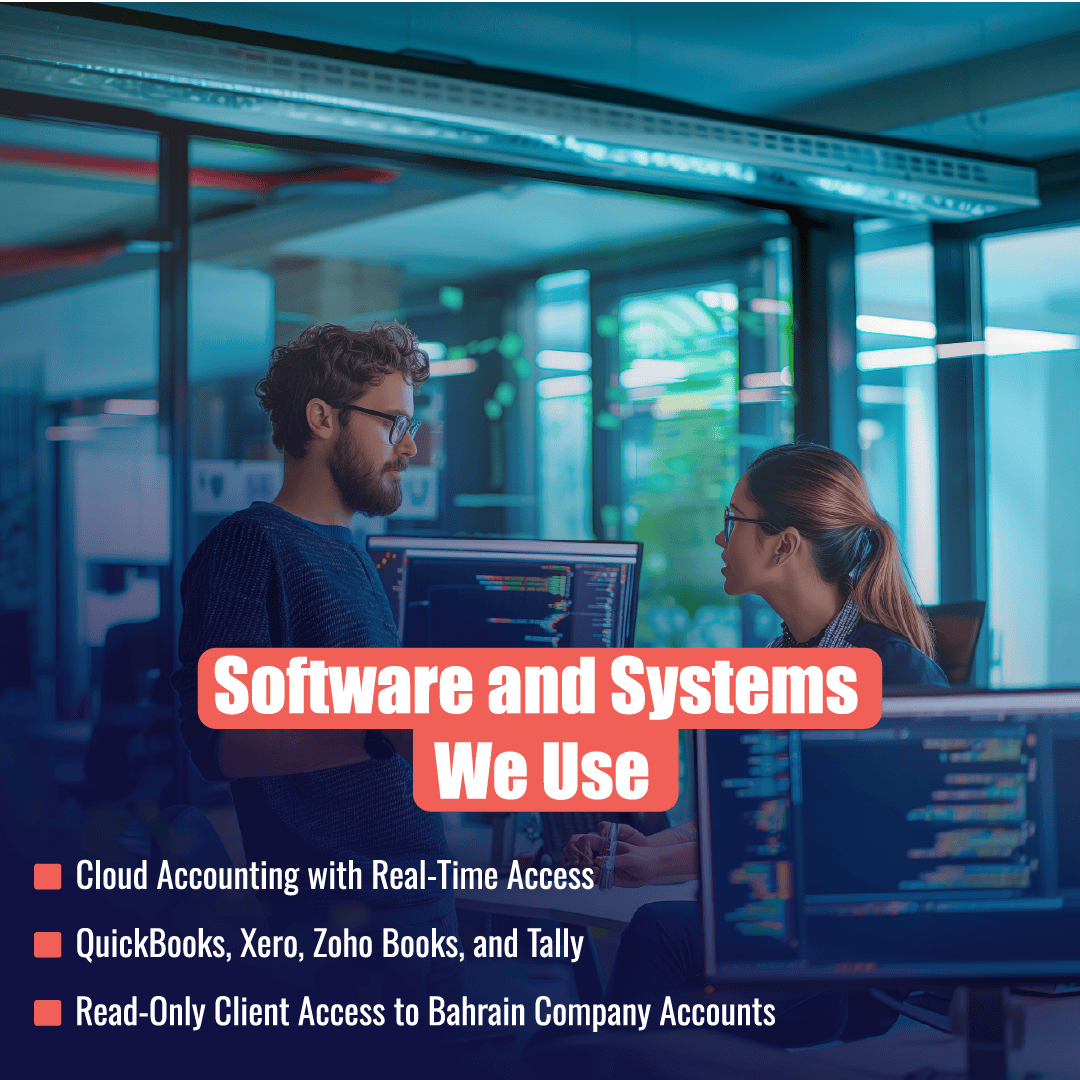 PI Startup Advisory uses QuickBooks, Xero, Zoho Books, and Tally for cloud accounting with real-time client access to Bahrain company accounts