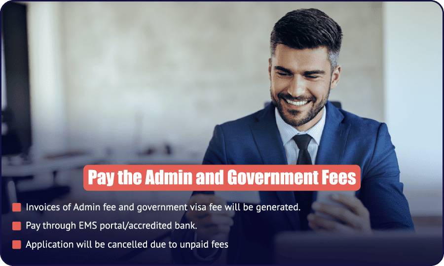 Investor visa fee payment step — admin and government visa fee invoices paid through LMRA EMS portal or accredited bank, unpaid fees cancel application