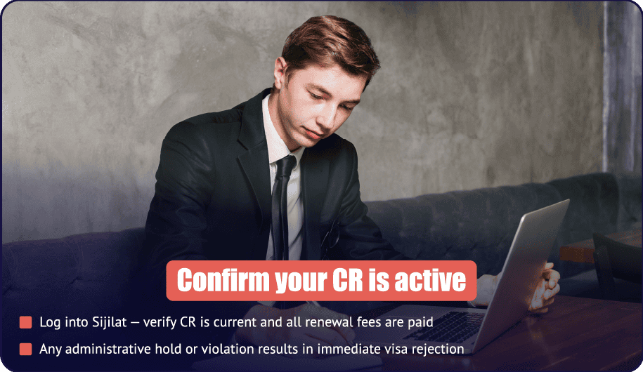 Investor visa step 1 — confirm Bahrain CR is active in Sijilat, all renewal fees paid, no administrative hold or NPRA violations