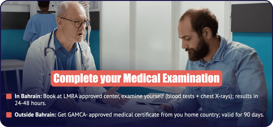 PI Startup Advisory doctor consultation for Bahrain investor visa medical examination requirements at an LMRA-approved medical center.