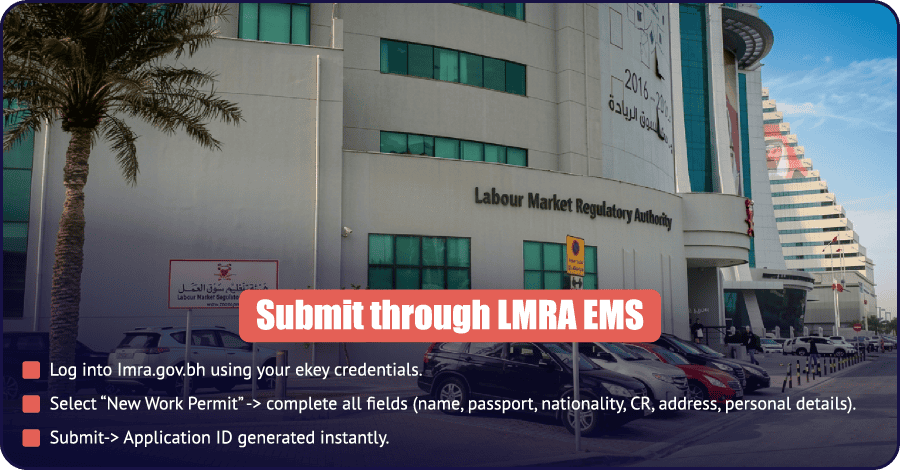 PI Startup Advisory explains how to submit a Bahrain investor visa application through LMRA EMS, including eKey login, New Work Permit selection, applicant details, CR information, and application ID generation.