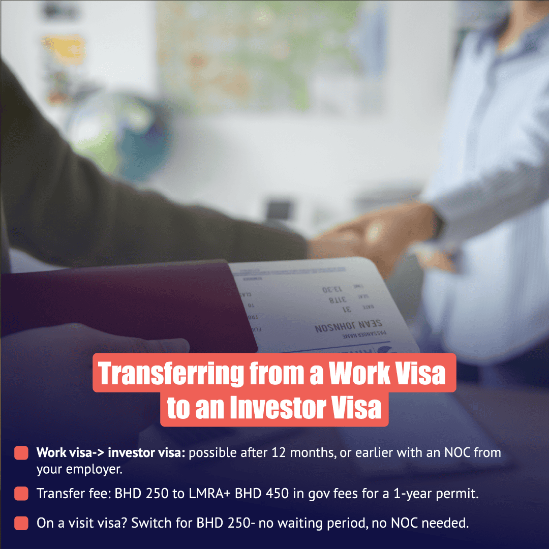 PI Startup Advisory guide explaining transfer from a Bahrain work visa to an investor visa with passport and immigration documents.