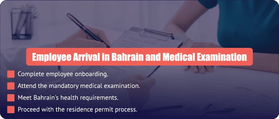 Foreign employee arrival and mandatory medical examination before residence permit issuance in Bahrain.