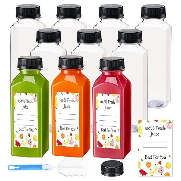 16 oz square PET plastic juice bottles with caps can be customized with labels.