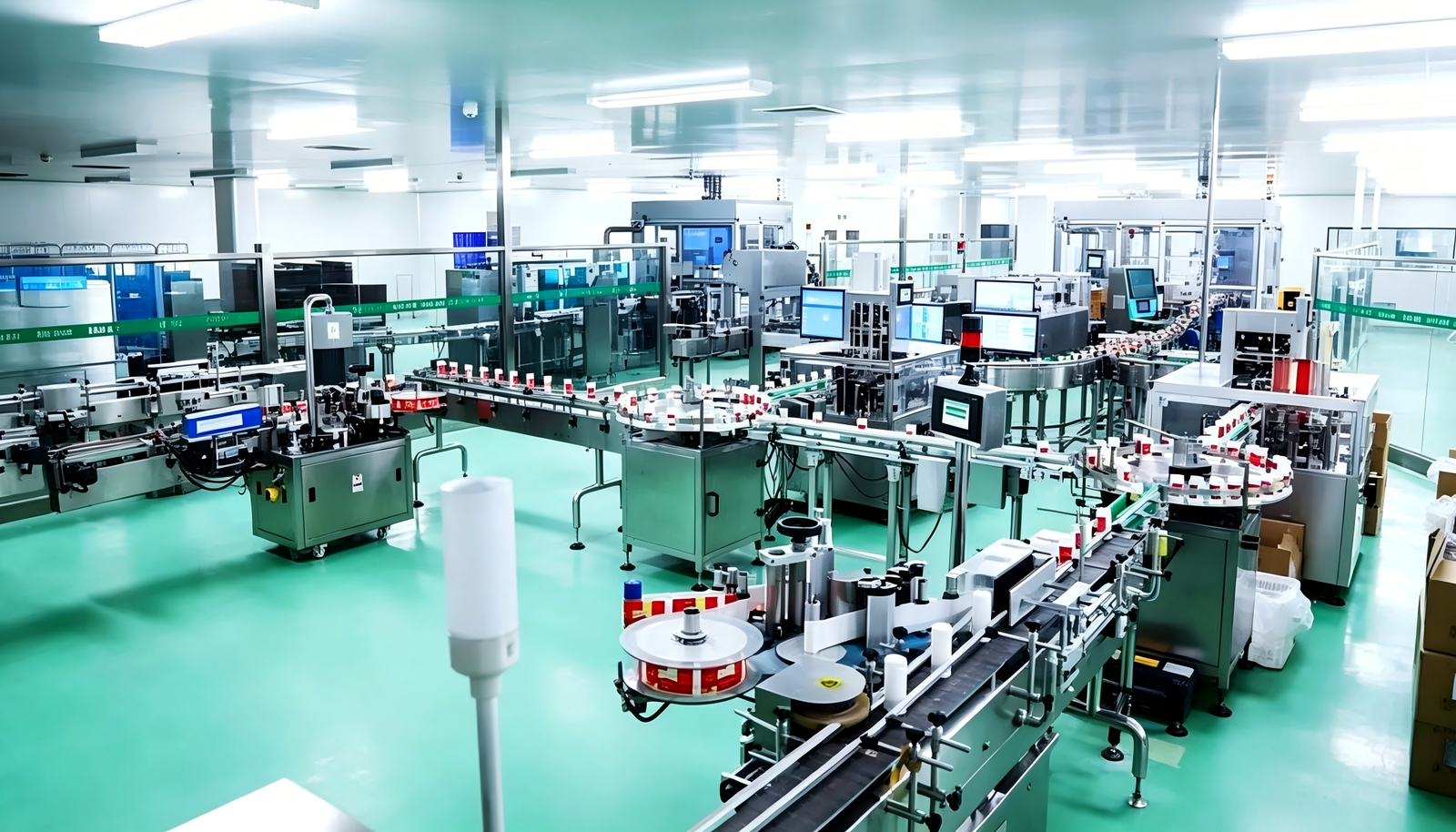 High-tech glass and plastic container manufacturing facility with automated production lines.