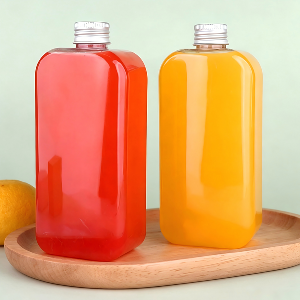 12oz flat, square PET clear juice bottle, manufactured by plasbottle.