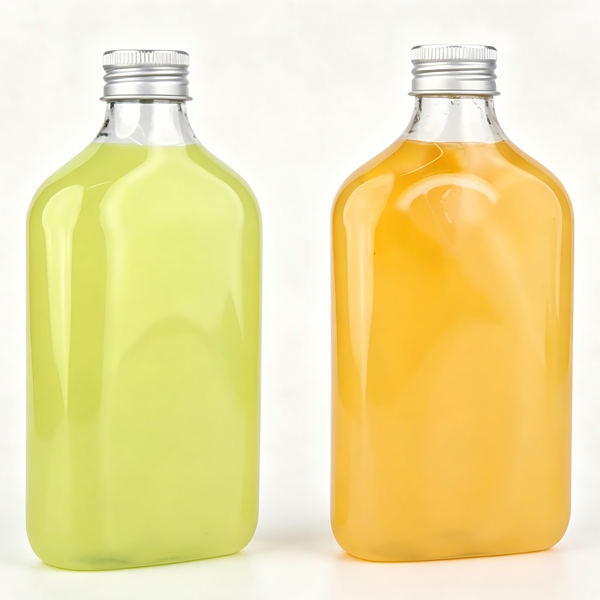Popular 12oz flat, clear PET juice bottle with aluminum cap; customizable labels available.