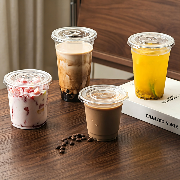 plastic coffee cups filled with drinks are placed on the bar counter. PET cups are suitable for juice shops, coffee shops, soft drink shops, and bubble tea shops.